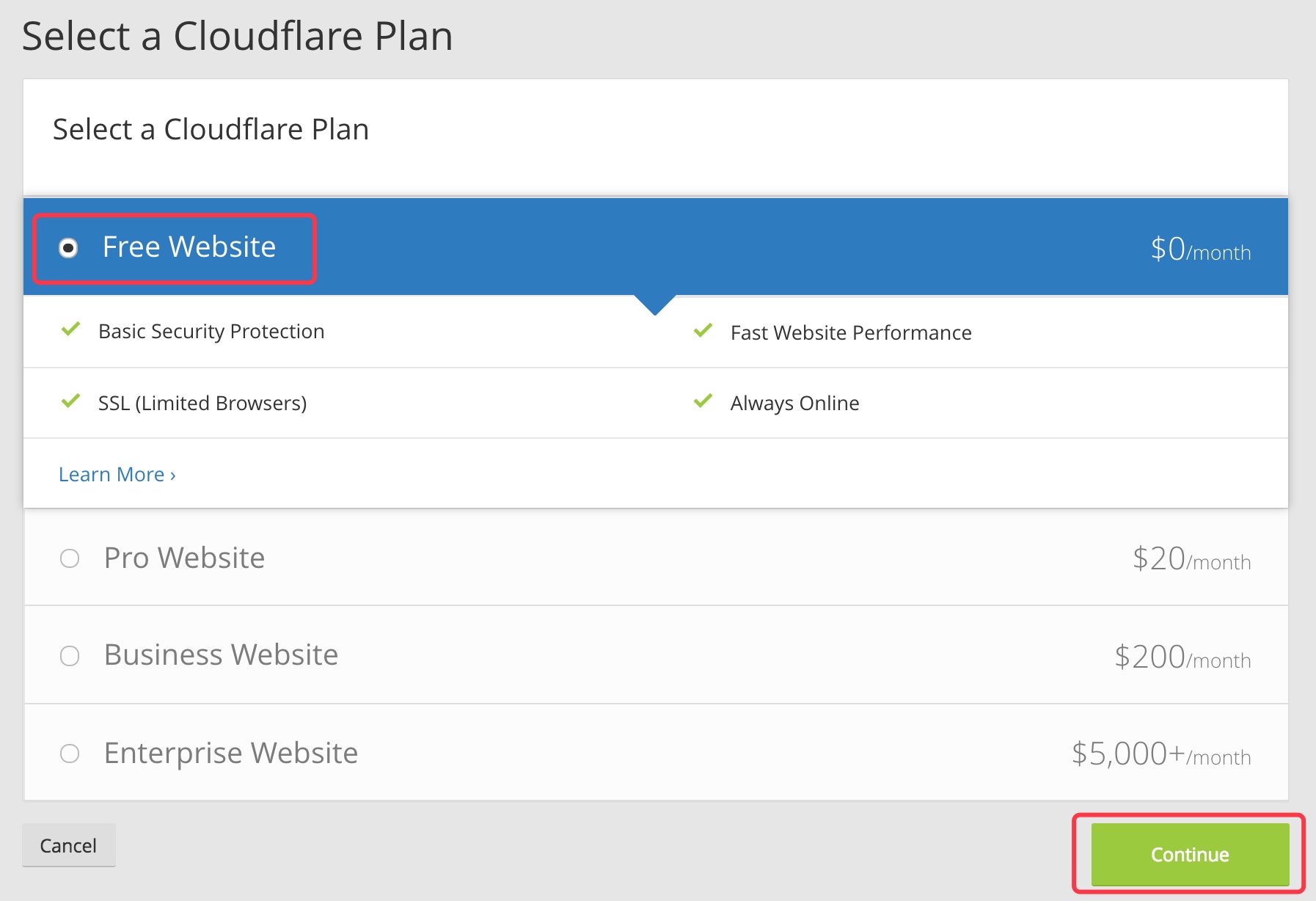 Cloudflare 选择免费计划